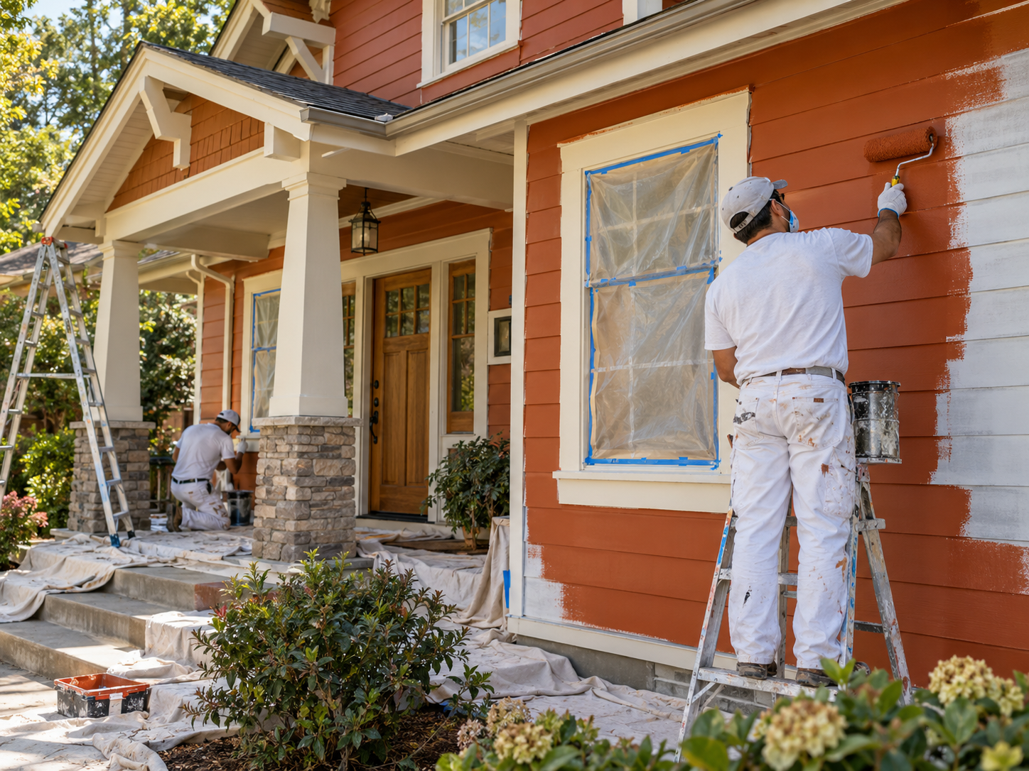 Crew painting home siding
