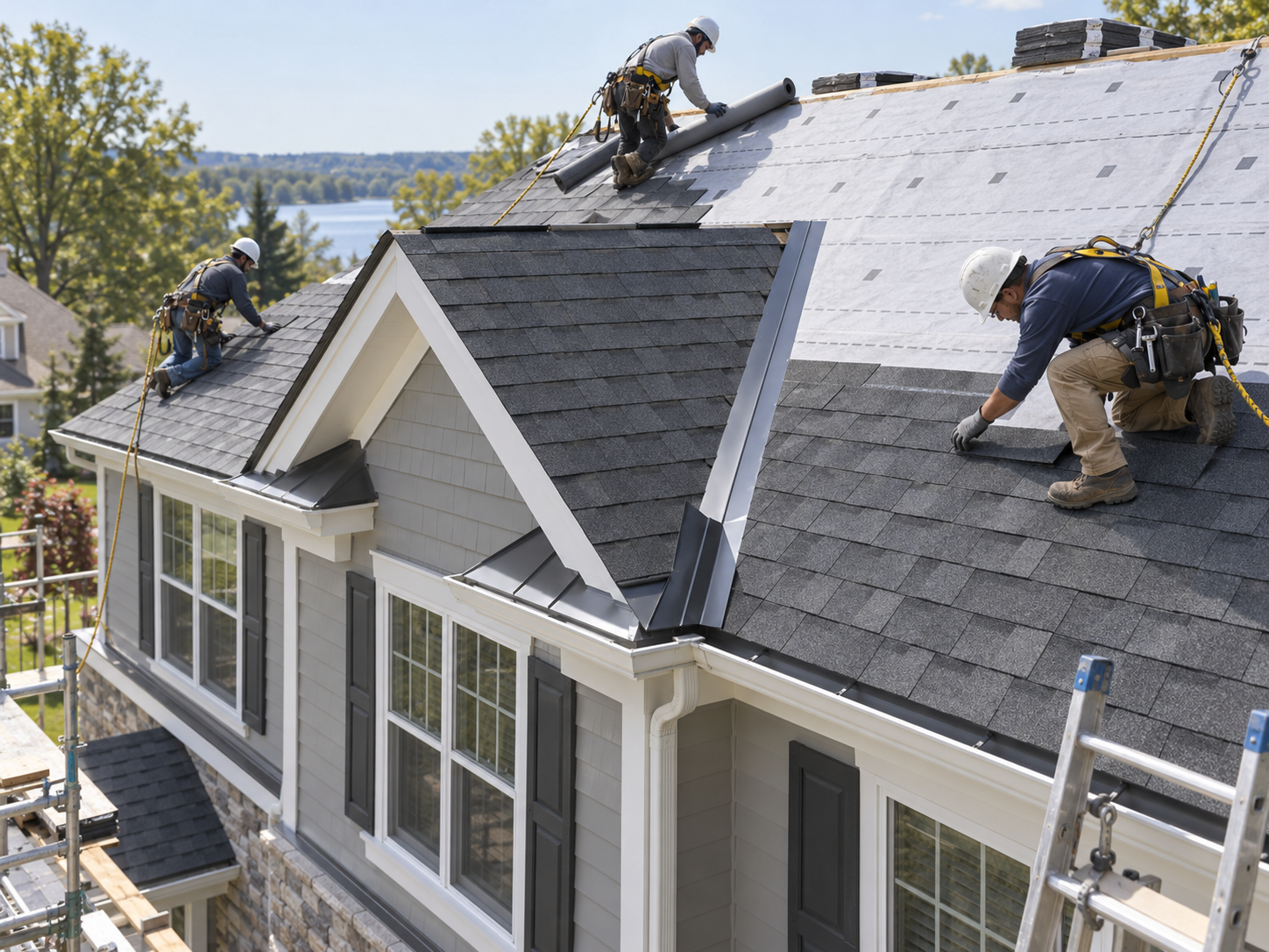 Roofing crew installing shingles