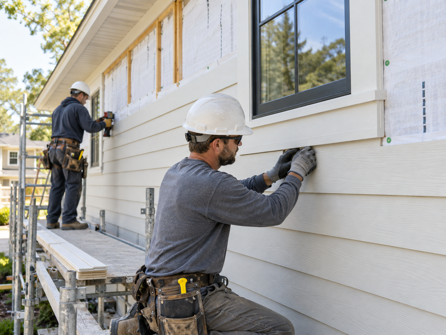 Crew installing siding